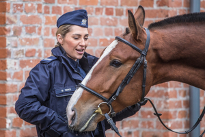 – Policjantka wraz z koniem służbowym stoi na tle ściany stajni