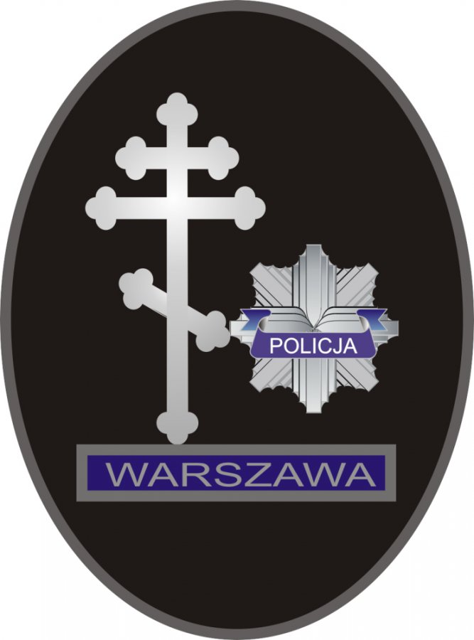 Logo - na czarnej owalnej tarczy widnieją obok siebie krzyż prawosławny i gwiazda Policji, pod spodem napis Warszawa na niebieskim tle.