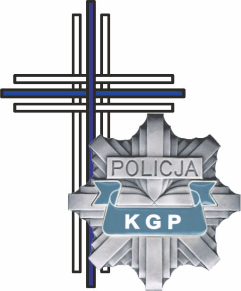 Logo - Biało-granatowy krzyż obok gwiazdy policyjnej z napisem KGP na szarfie.