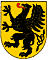 Herb województwa pomorskiego: czarny gryf ze wzniesionymi skrzydłami na złotym polu