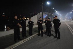 Polish Police delegation in Kosovo. Polish Base Camp in Kosovo. Night Photo.