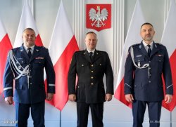 General Kamil Bracha - Deputy Commander-in-Chief of Police, colonel Paweł Półtorzycki - Commander of the Central Bureau of Investigation of the Police, and Mr. Tor Espen Haga, Nordic Liaison Officer at the Embassy of the Kingdom of Norway in Warsaw posing for a picture together