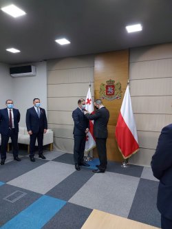 Deputy head of the Polish Police presents medal for merits for the Police to the Deputy Head of the Central Criminal Police of the Ministry of Internal Affairs of Georgia